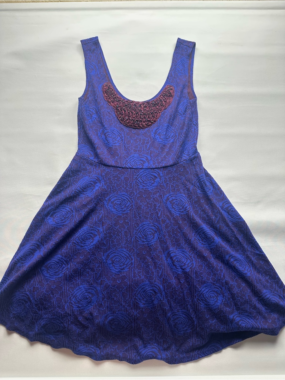 Free People Royal Blue Floral Jacquard Mini Dress with Embellished Scoop. Size M